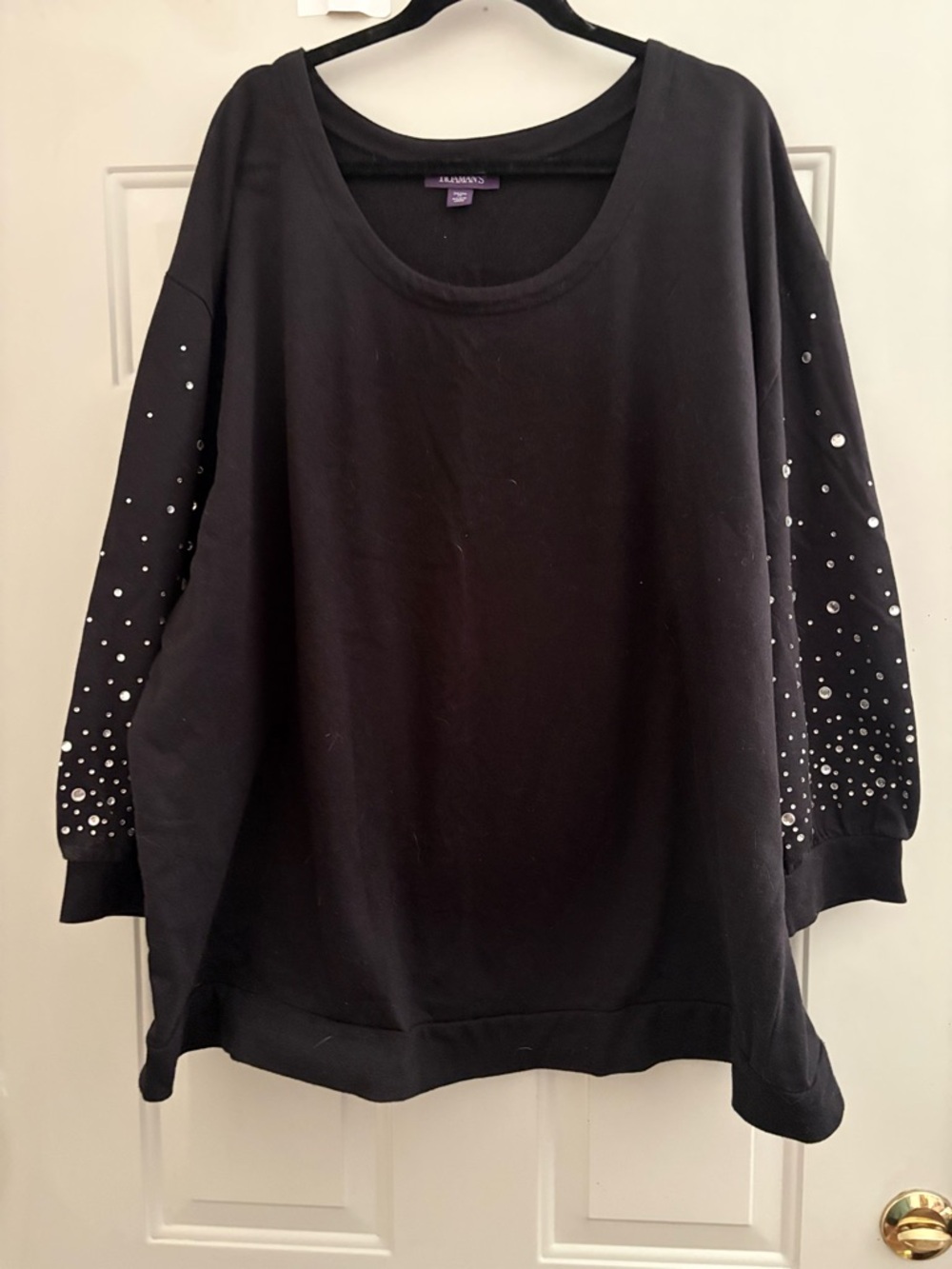 Roaman's Black Sweatshirt with Sparkle Sleeve Embellishments